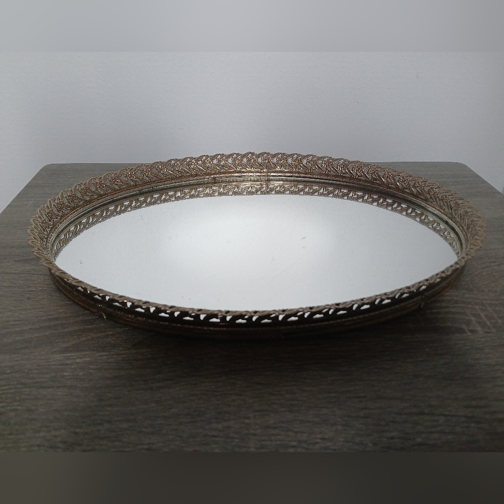 Vtg Oval Metal Filigree Mirror Vanity Tray w/Wall Hanger Hollywood Regency
